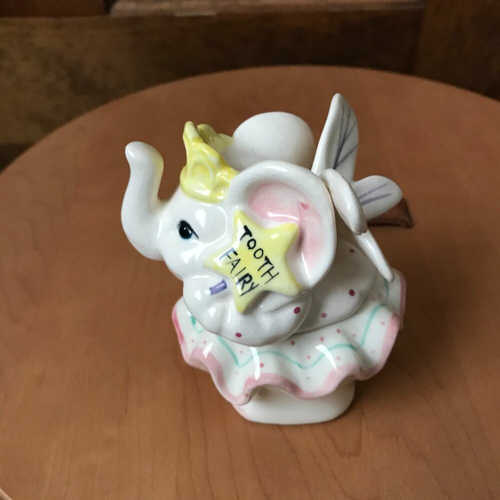 Vintage Fitz and Floyd Ceramic Tooth Fairy Elephant Box Marked 1992